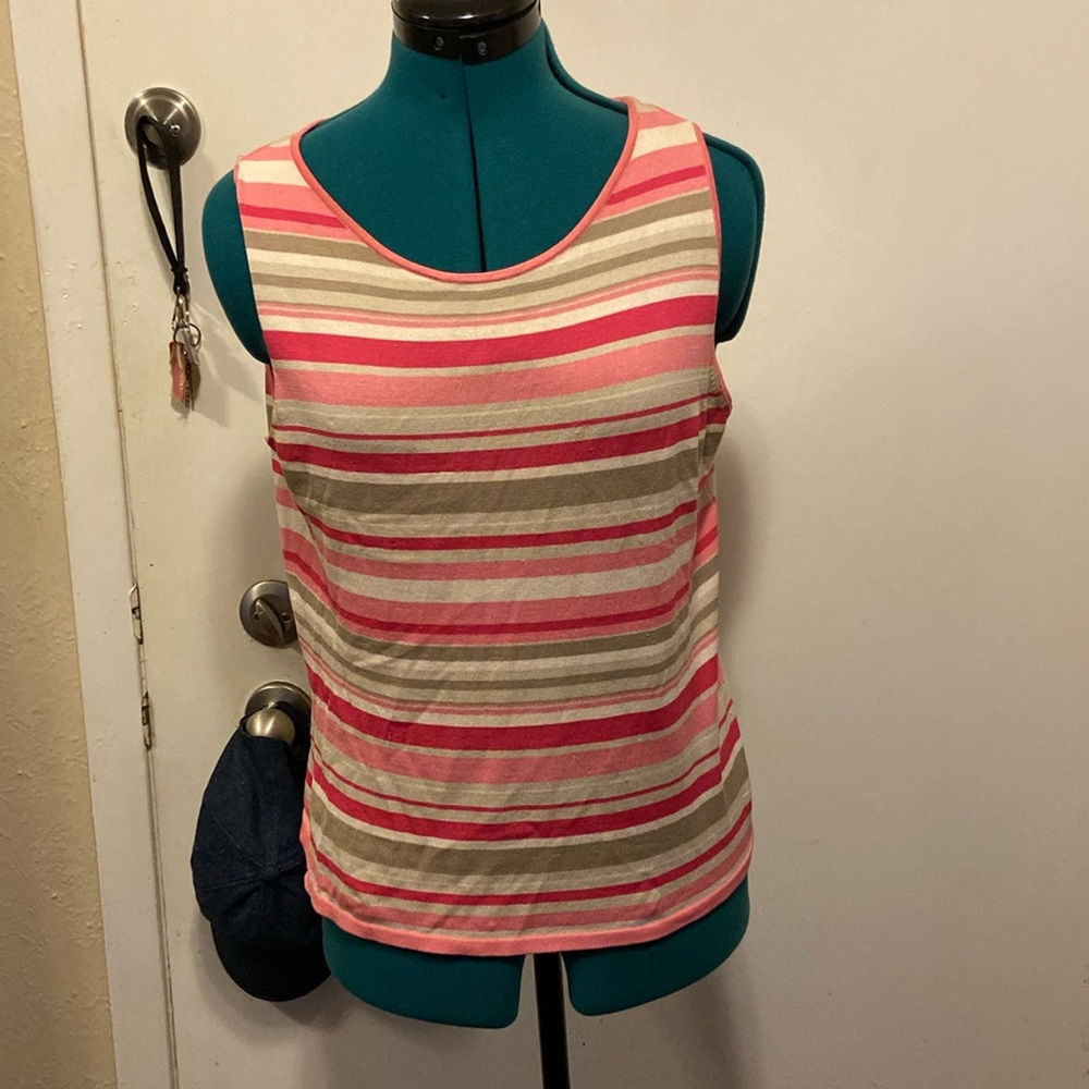 French Laundry Sleeveless Silk Blend Top Peach Striped Med light piling on side.